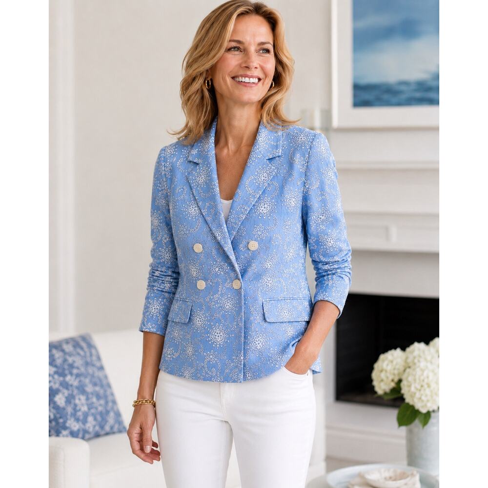 Talbots Embroidered Blazer Jacket Size 8 Blue White Eyelet Cottagecore Preppy